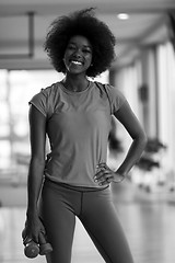 Image showing woman working out in a crossfit gym with dumbbells