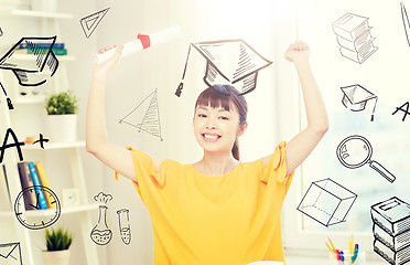 Image showing happy asian woman student with diploma at home