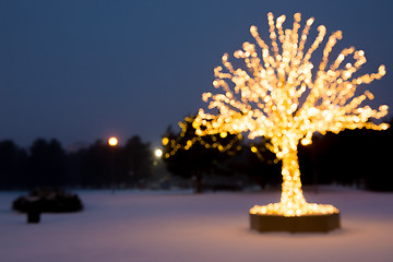 Image showing Blurred composition. Gold lights Christmas Tree