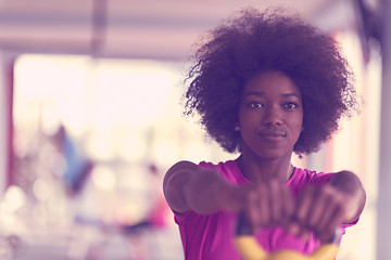 Image showing woman working out in a crossfit gym with dumbbells