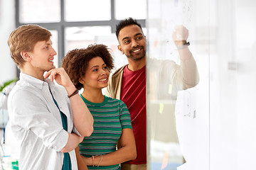 Image showing creative team writing on glass board at office