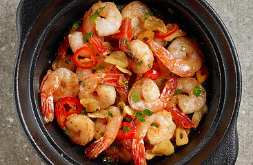 Image showing bowl of garlic prawns