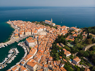 Image showing Aerial view of old town Piran, Slovenia, Europe. Summer vacations tourism concept background.