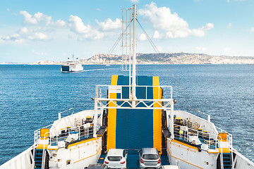 Image showing Ferry boat ship sailing between Palau and La Maddalena town, Sardinia, Italy.