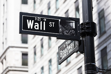 Image showing Wall St. street sign in lower Manhattan, New York City.