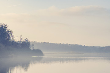 Image showing Lake scenery with morning fog and silent water