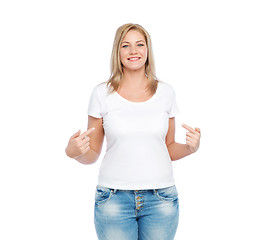 Image showing woman in white t-shirt pointing fingers to herself