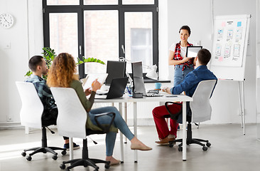 Image showing woman showing tablet pc to creative team at office