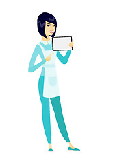 Image showing Smiling cleaner holding tablet computer.