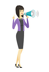 Image showing Asian business woman talking into loudspeaker.