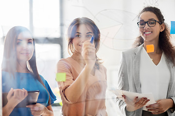 Image showing businesswomen with pie chart on office glass board