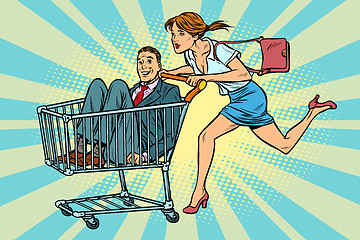 Image showing woman bought a groom, shopping cart trolley sale