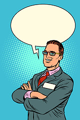 Image showing Confident businessman says. Comic bubble