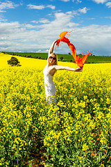 Image showing Woman in fields of golden canola