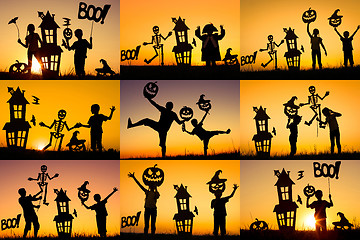 Image showing Collage of happy family playing outdoors 