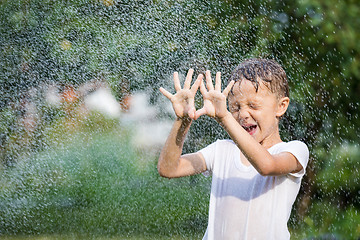 Image showing Happy little boy pouring water from a hose.