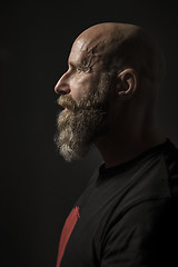 Image showing a bearded man with a bald head side view and dark background