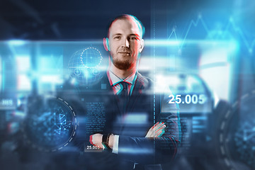 Image showing close up of businessman with virtual screens