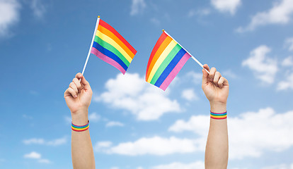 Image showing hand with gay pride rainbow flags and wristbands