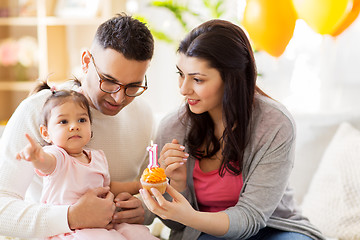 Image showing baby girl with parents at home birthday party