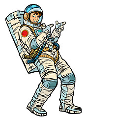 Image showing Astronaut young man points. isolate on a white background