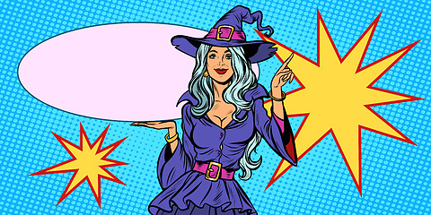 Image showing Beautiful woman in Halloween witch costume. holiday background