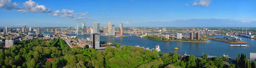 Image showing Aerial panorama of Rotterdam city and the Erasmus bridge 