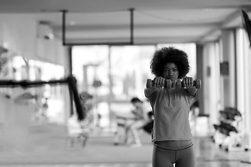 Image showing woman working out in a crossfit gym with dumbbells