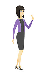 Image showing Asian business woman showing victory gesture.