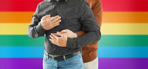 Image showing close up of hugging male gay couple over rainbow