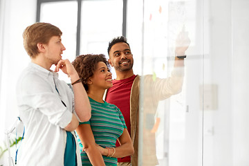 Image showing creative team writing on glass board at office