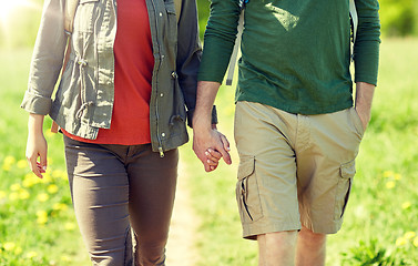 Image showing close up of couple with backpacks holding hands