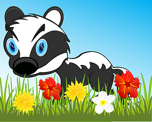 Image showing Wildlife badger on year glade with flower