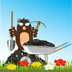 Image showing Cartoon of the mole loading wheelbarrow with land on year glade