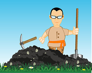 Image showing Worker digs land with shovel and pickax