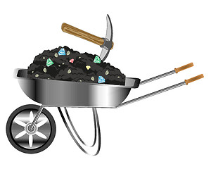 Image showing Wheelbarrow loaded by sort with jewels and pickax