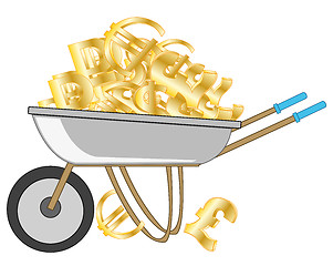 Image showing Wheelbarrow loaded money sign varied topple on white