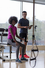 Image showing couple in a gym have break