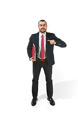 Image showing Portrait of businessman pointing at himself isolated on white background studio with copy space