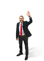 Image showing Choose me. Full body view of businessman on white studio background