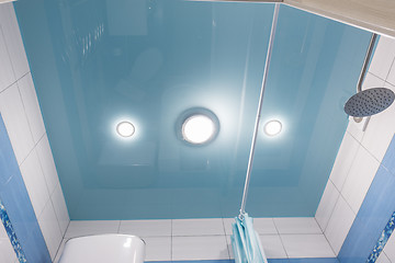 Image showing Blue stretch ceiling in the bathroom