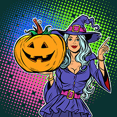 Image showing witch with pumpkin. Halloween Party