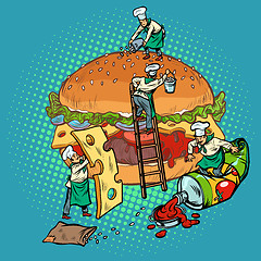 Image showing cooking burger, mini chefs gather ingredients