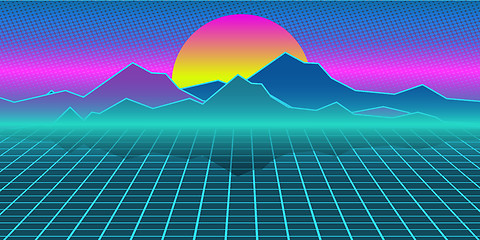 Image showing Cyberpunk retro computer background. Mountains, plain and sun