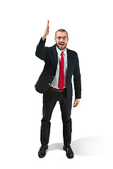 Image showing Choose me. Full body view of businessman on white studio background