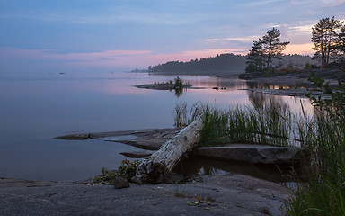 Image showing Summer Northern Night Over The Rocky Islands In The Lake