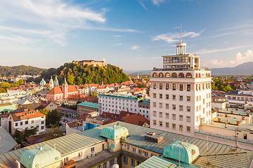 Image showing Cityscape of Ljubljana, capital of Slovenia at sunset.