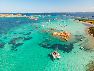 Image showing Drone aerial view of catamaran sailing boat in Maddalena Archipelago, Sardinia, Italy.