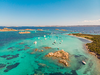 Image showing Drone aerial view of Razzoli, Santa Maria and Budelli islands in Maddalena Archipelago, Sardinia, Italy.