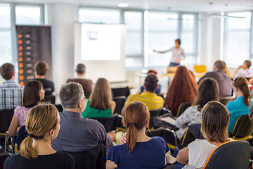 Image showing Speaker giving presentation on business conference.